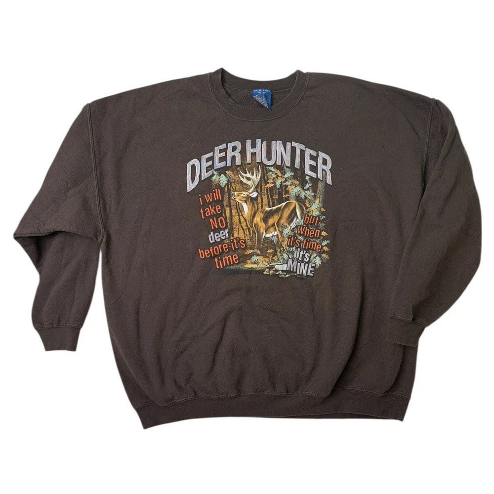 Vintage Deer Hunting Crew Sweatshirt Puritan Whitetail Buck Hunter Brown Men 2XL